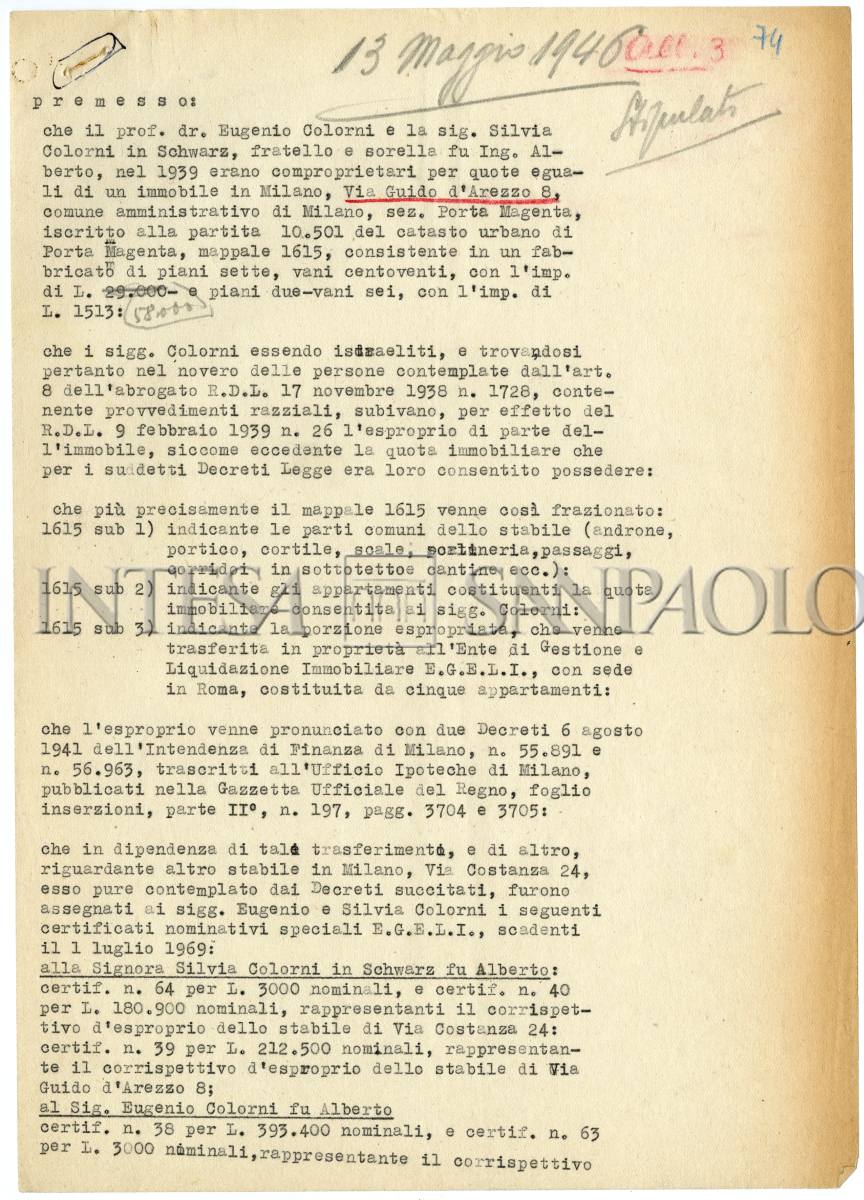 Bozza dell'atto di restituzione dell'immobile di via Guido d'Arezzo 8, prima pagina, 13 maggio 1946.